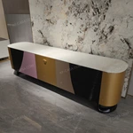 Art Deco Luxury TV Stand with White Marble Top Color Block Panels and Fluted Black Doors
